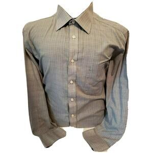 Stafford Mens Grey White Checked Long Sleeve Button Up Shirt Size 16.5 32/33